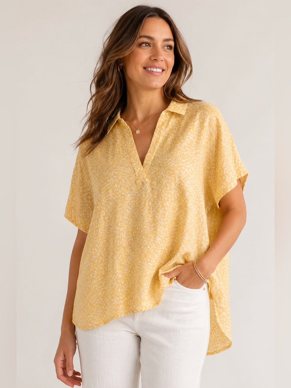 GAP 100% Linen Butter Yellow Print Popover Tunic Blouse XXL Relaxed